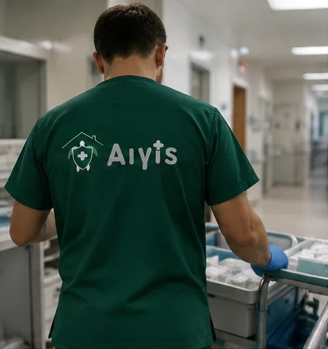 Νοσηλευτής της Αιγίδας με τη στολή της εταιρείας εν ώρα εργασίας